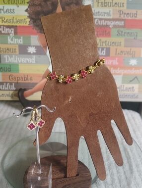 Gold-Plated Red Ruby With Clover  Bracelet and Earrings Set